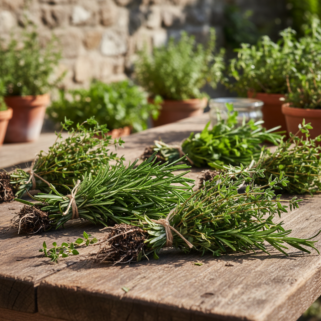 Bundles of fresh rosemary and thyme harvested from a kitchen garden