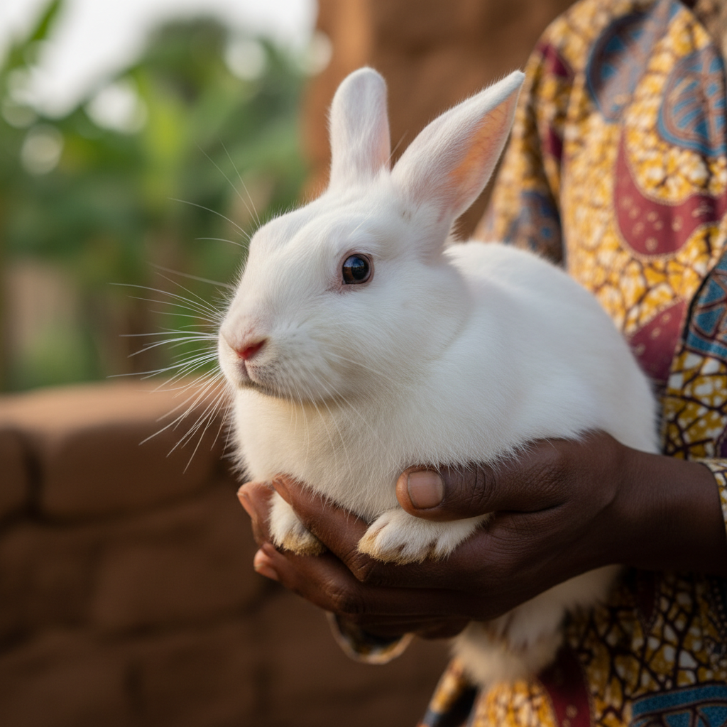 White healthy rabbit being held by Rwandan farmer with care
