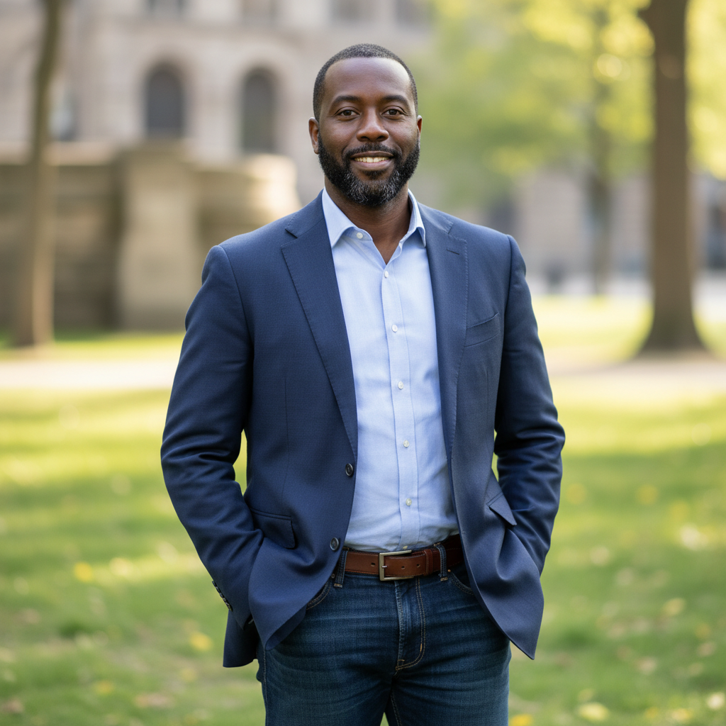 Derek Okonkwo, Black man in early 40s, business casual attire, confident expression