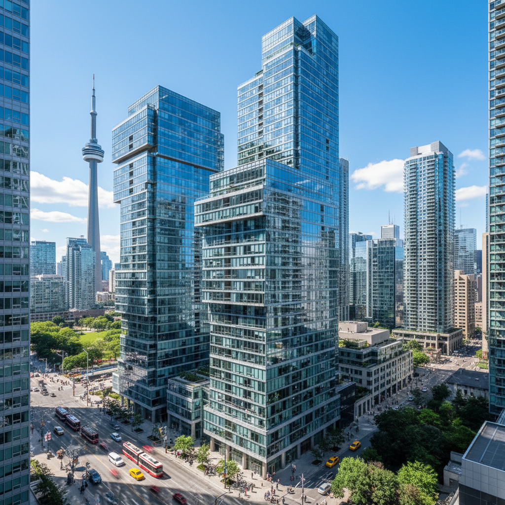 Aerial view of a modern financial district with skyscrapers and glass towers