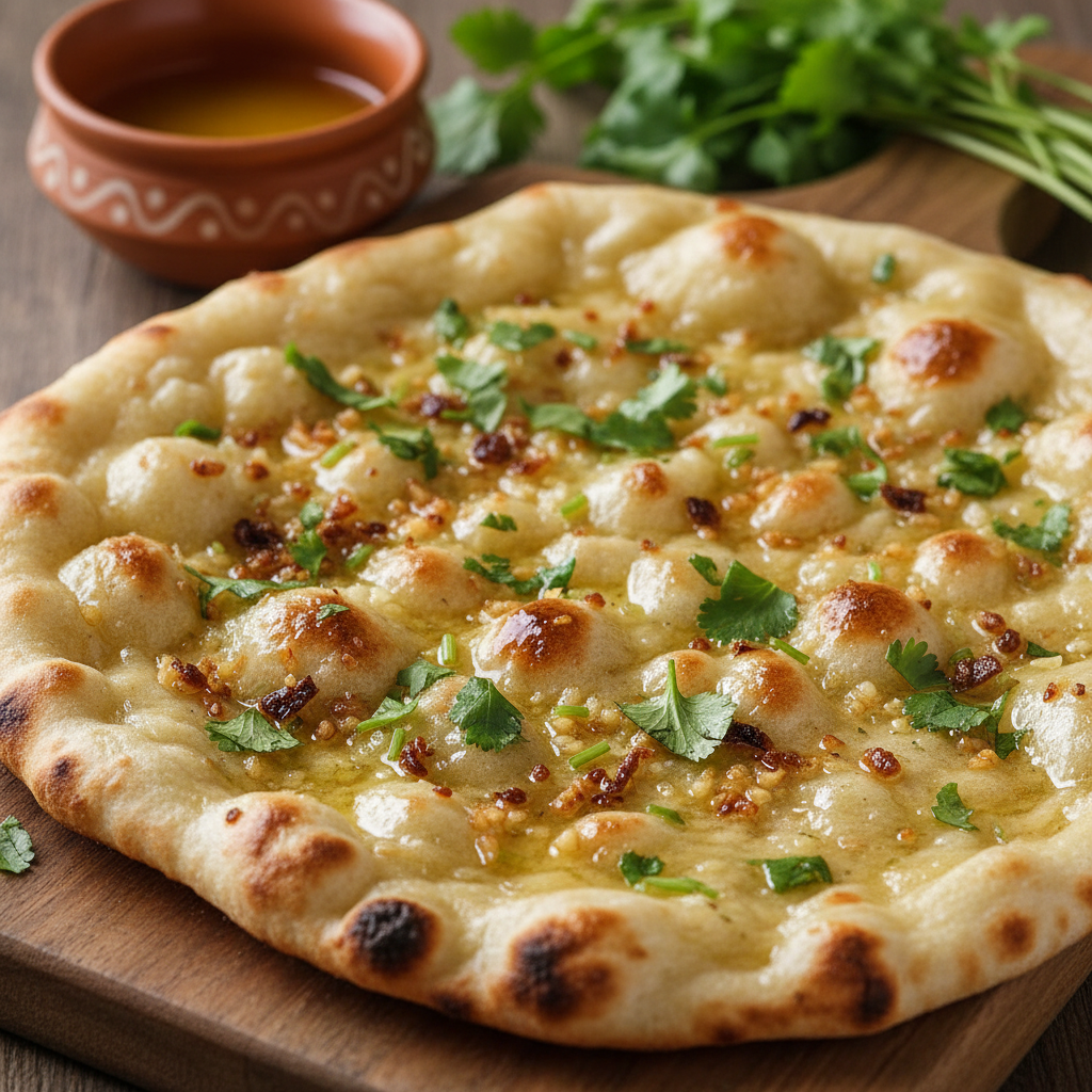 Quick naan pizza with garlic butter, mozzarella, and fresh toppings