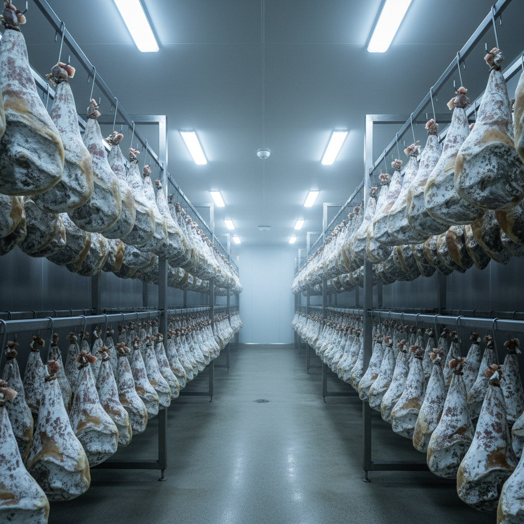 Rows of cured meats hanging in a cold room with white fat bloom visible