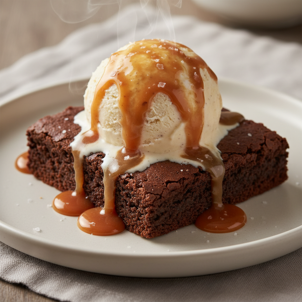 Brownie — Warm fudgy chocolate brownie, Indian café food photography with warm colours and appetising presentation