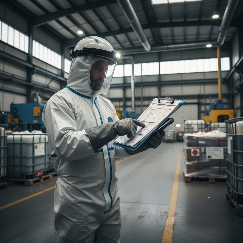 Technician with clipboard conducting preventive maintenance inspection in industrial warehouse