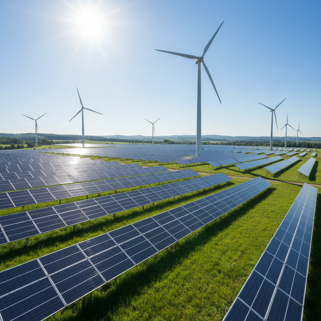 Wind turbines in green field representing renewable energy