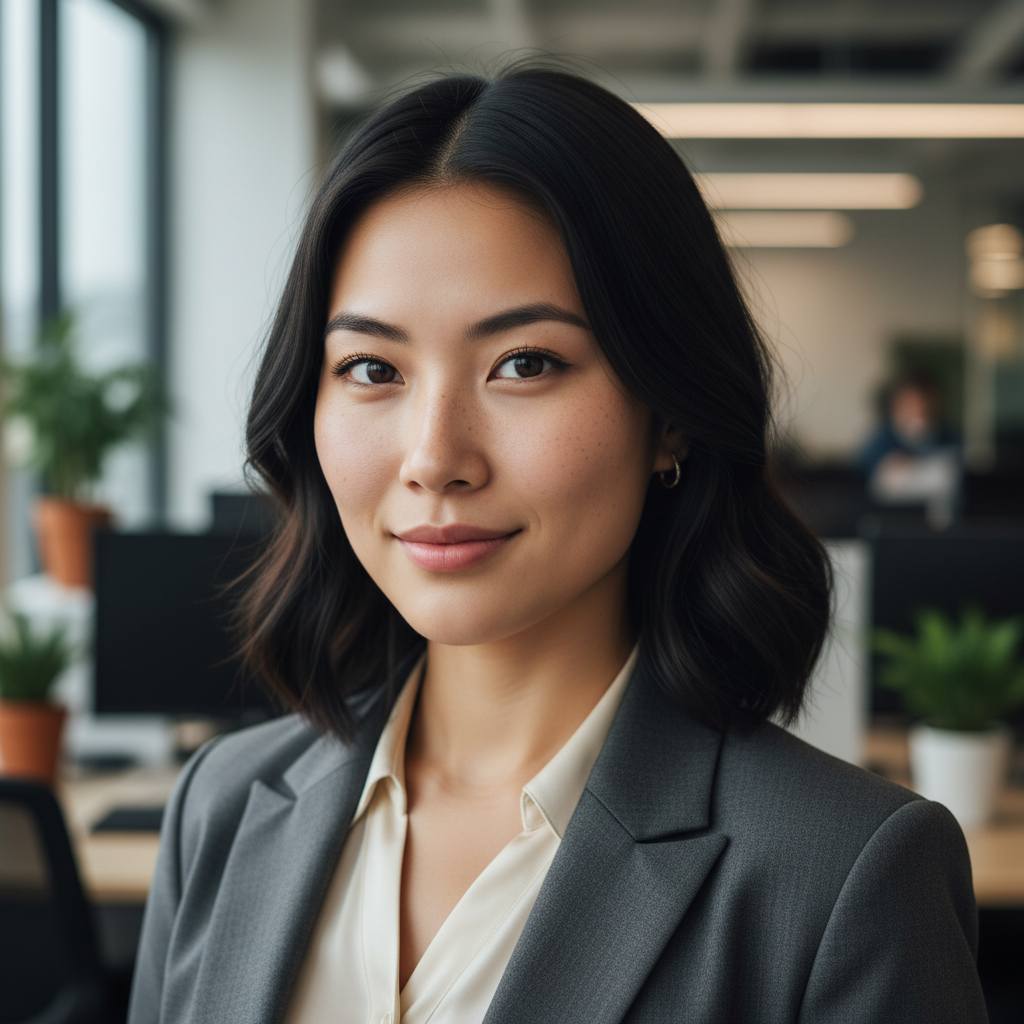 Portrait of smiling Asian woman with dark hair in bright office setting, professional headshot