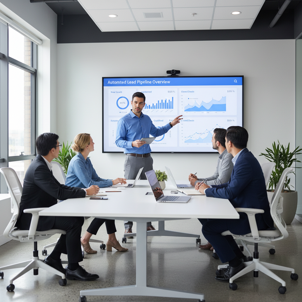 CRM dashboard on modern monitor showing sales pipeline, clean office environment, bright daylight