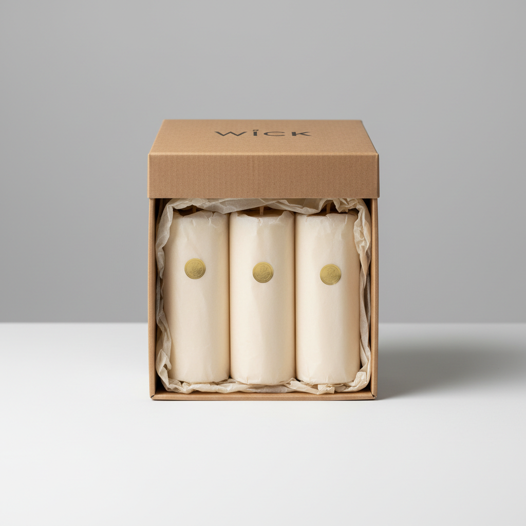 Unboxing of Wick subscription box with three candles wrapped in ivory tissue paper