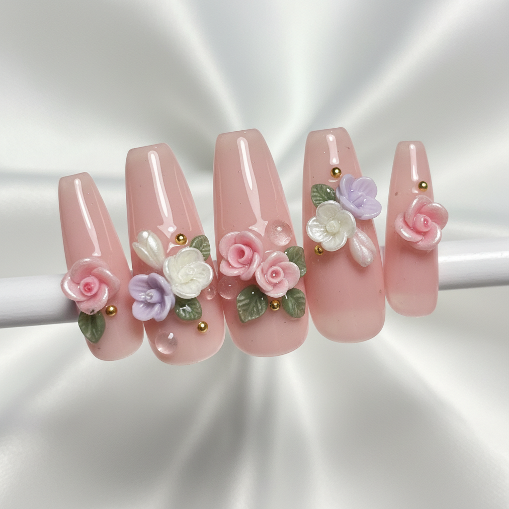 Intricate custom nail art with tiny hand-painted flowers and geometric patterns on pink base