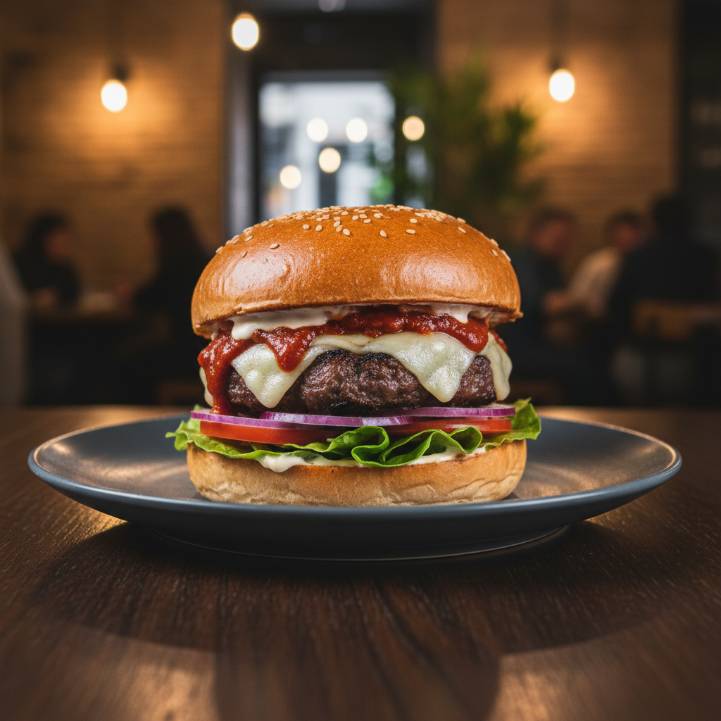 Gourmet burger with juicy patty lettuce tomato and melted cheese on sesame bun