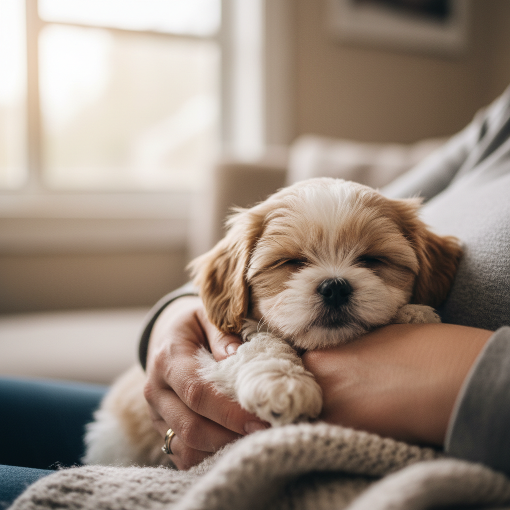 Shih Tzu puppy curled in owner arms on first day home
