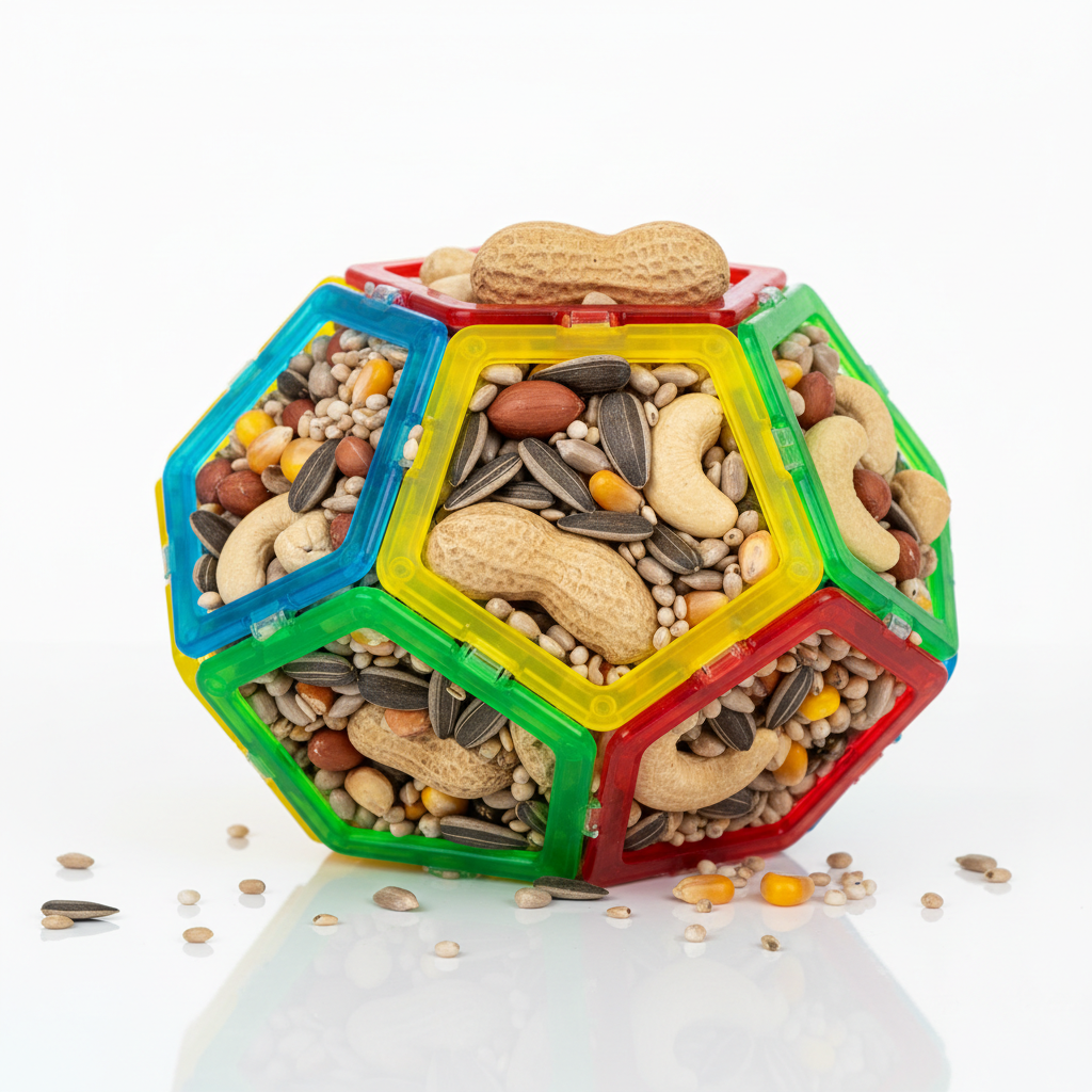 Close-up of colorful foraging puzzle enrichment toy with seeds and nuts