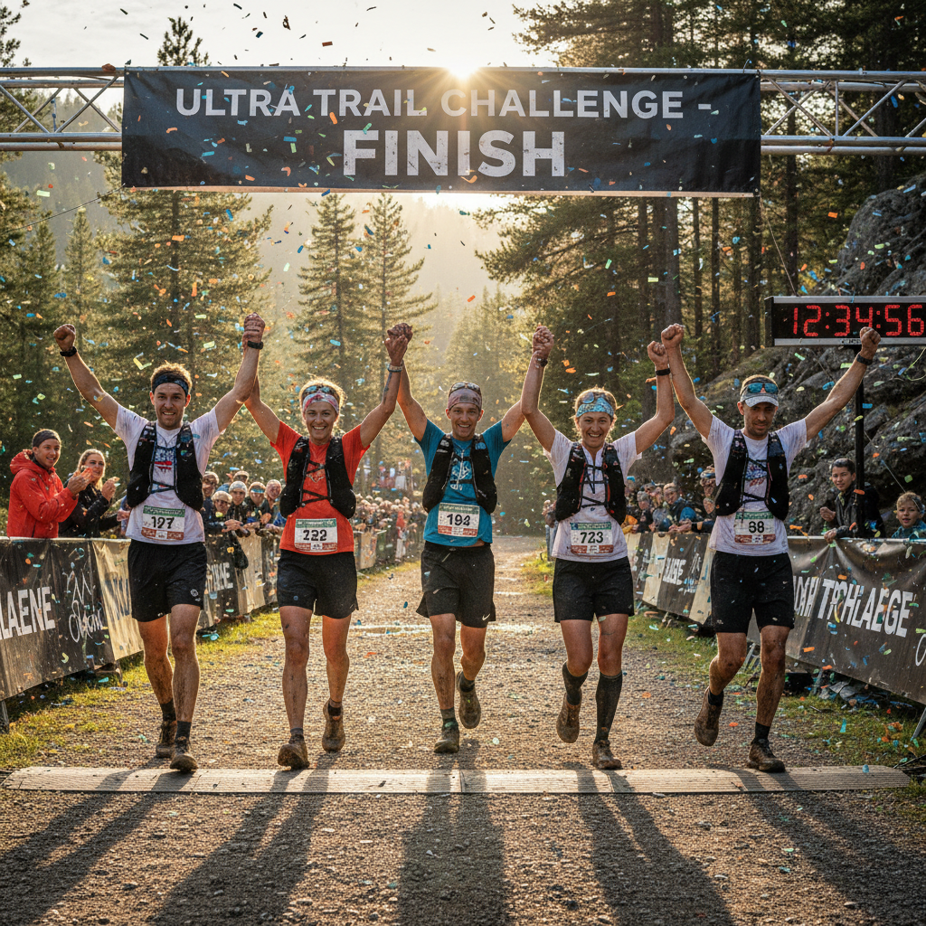 Trail runner crossing finish line at a mountain race with crowd cheering on both sides