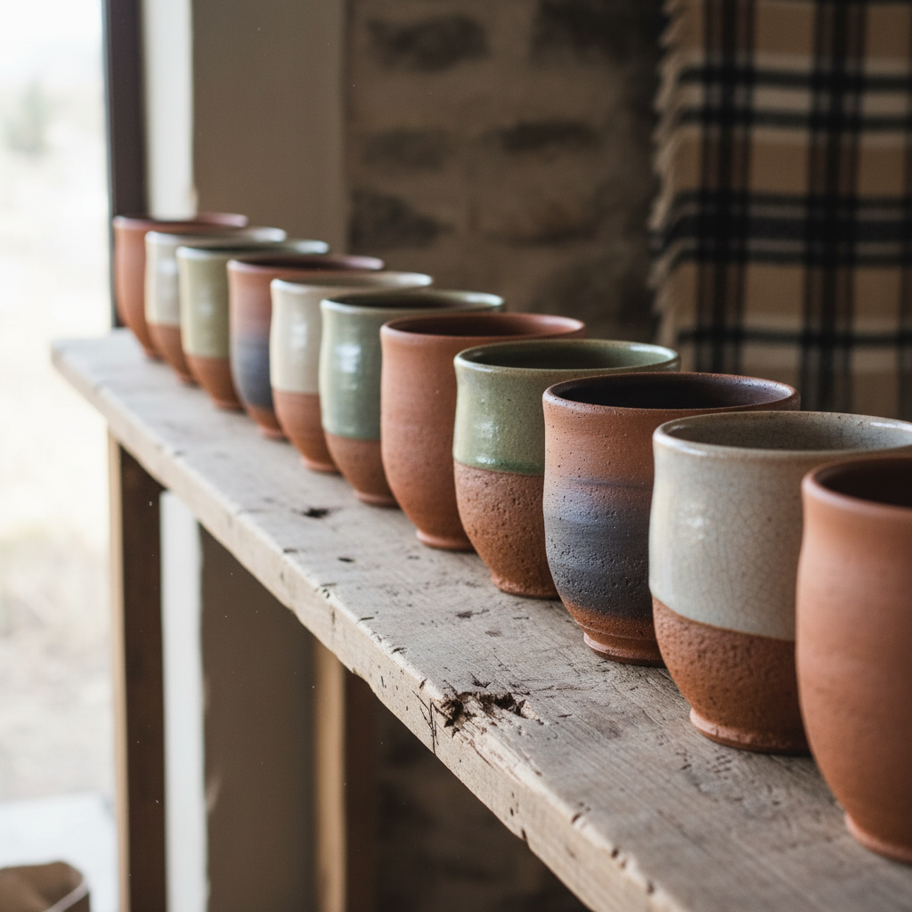 Handcrafted ceramic pottery vessels in earthy tones on wooden shelf in bright studio