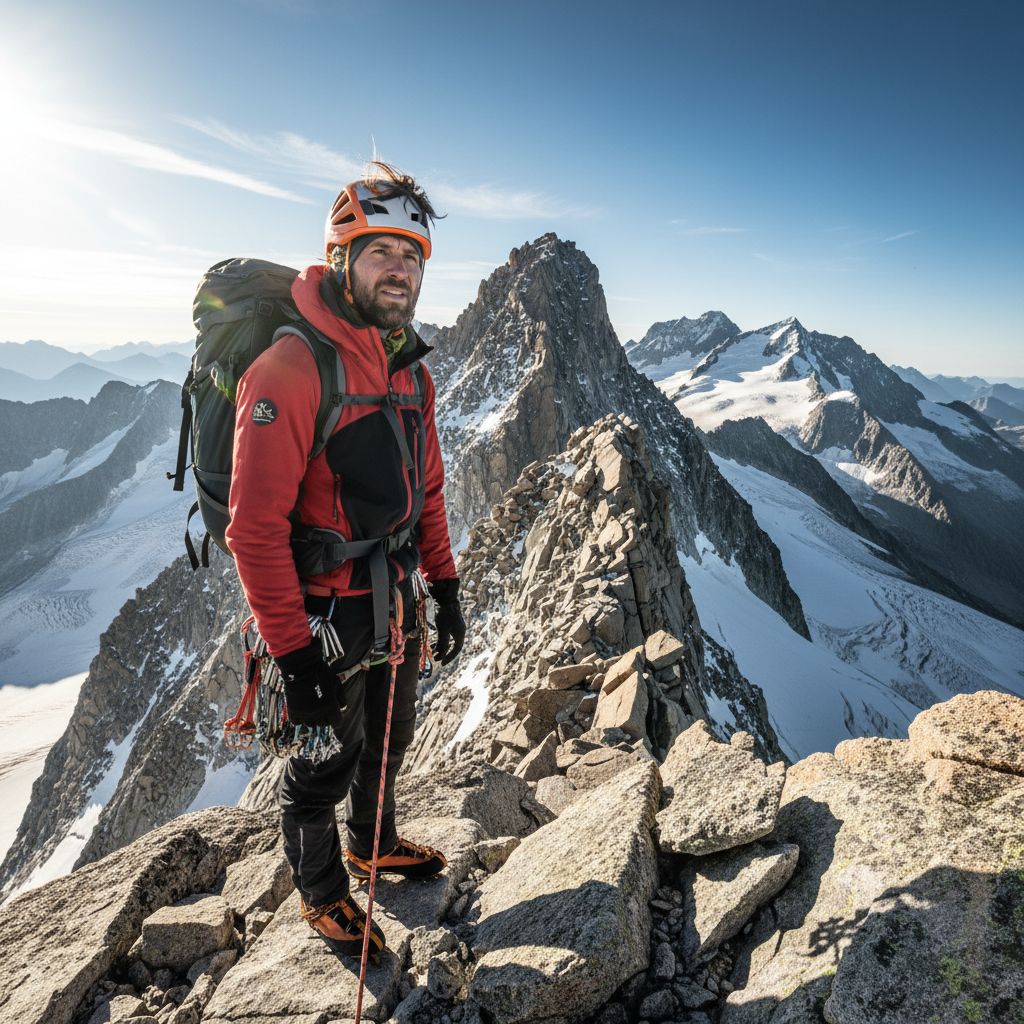 Alpine guide on a high-altitude ridge with a bright coral rack of carabiners and cams visible against granite rock face