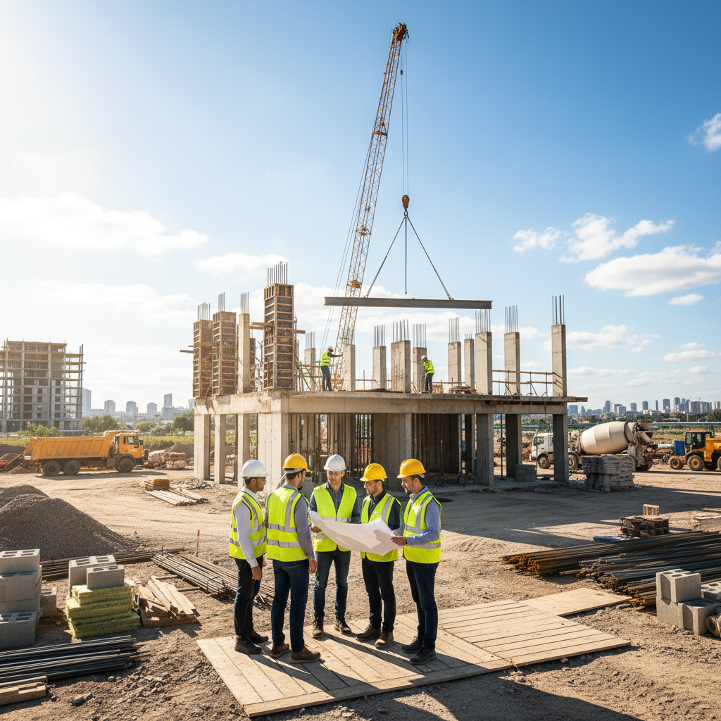 Construction team reviewing blueprints on job site, hard hats, bright daylight, professional crew in safety vests
