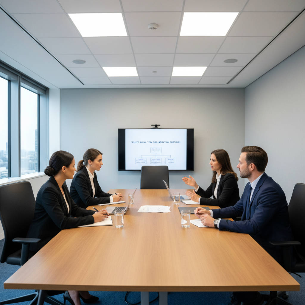 Team conducting a structured interview in a well-lit conference room