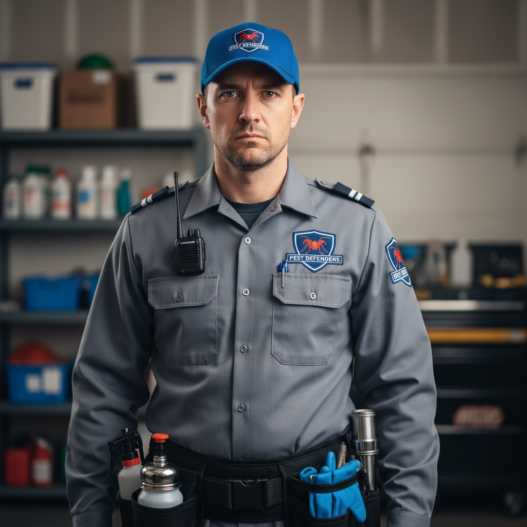 Marcus Okafor, pest control technician in work uniform, serious professional expression