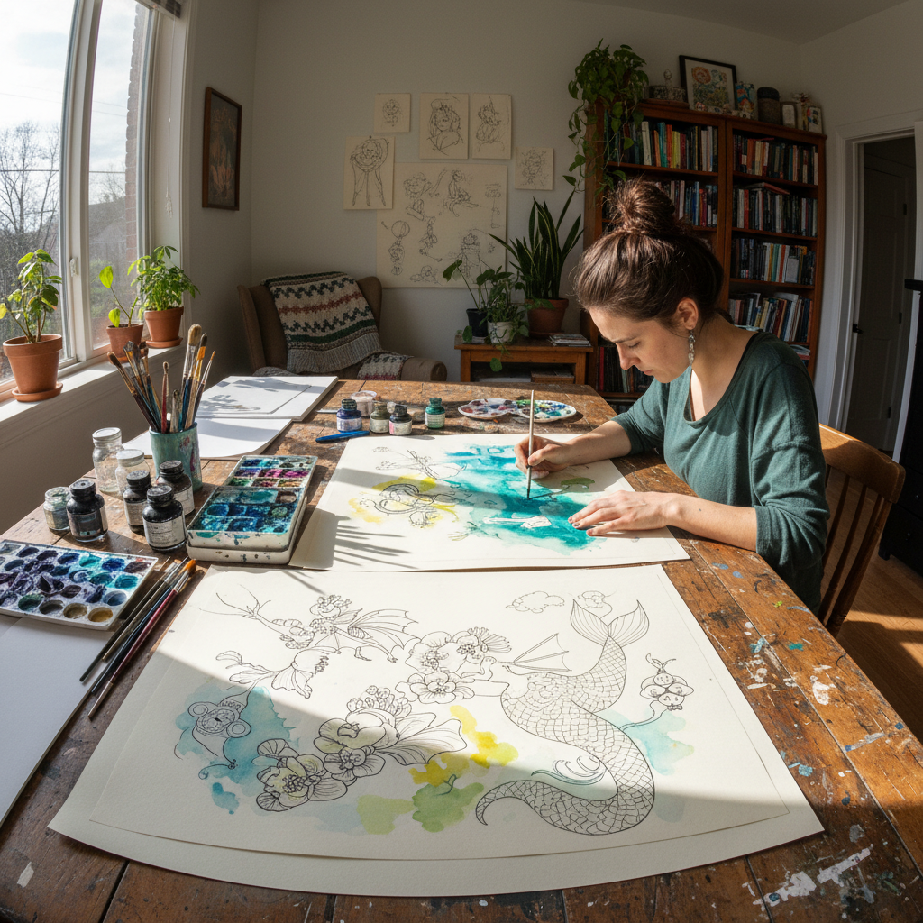Illustrator drawing detailed characters and scenes with ink pens and watercolour on large paper sheets