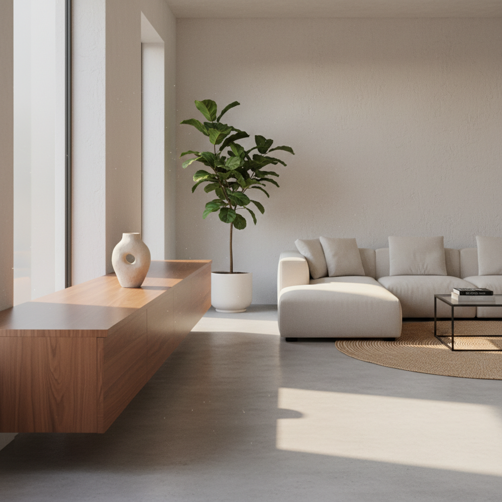 Minimalist living room in dim ambient light, dark walls, deep moody shadows