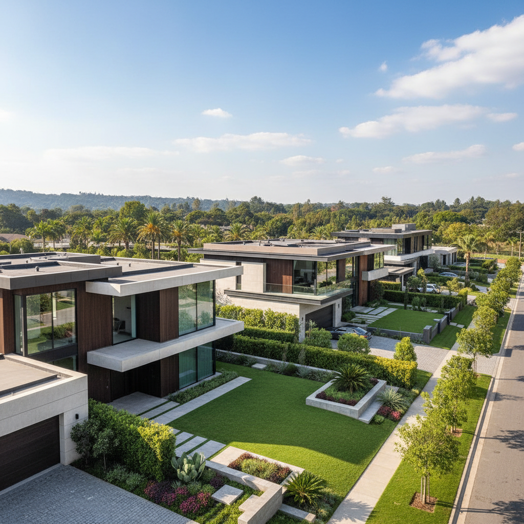Beautiful residential property with manicured lawn and modern architecture