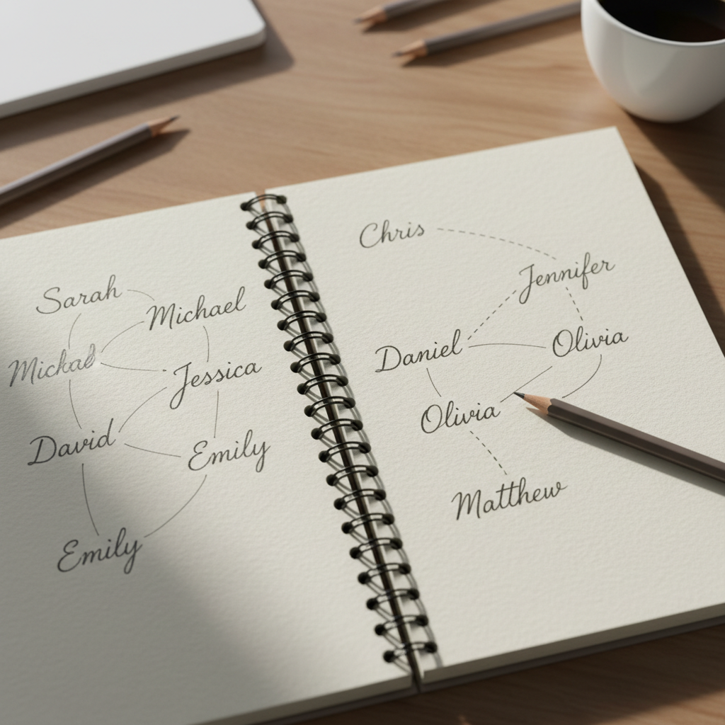 Open notebook with handwritten names and connection lines drawn in pencil on cream paper