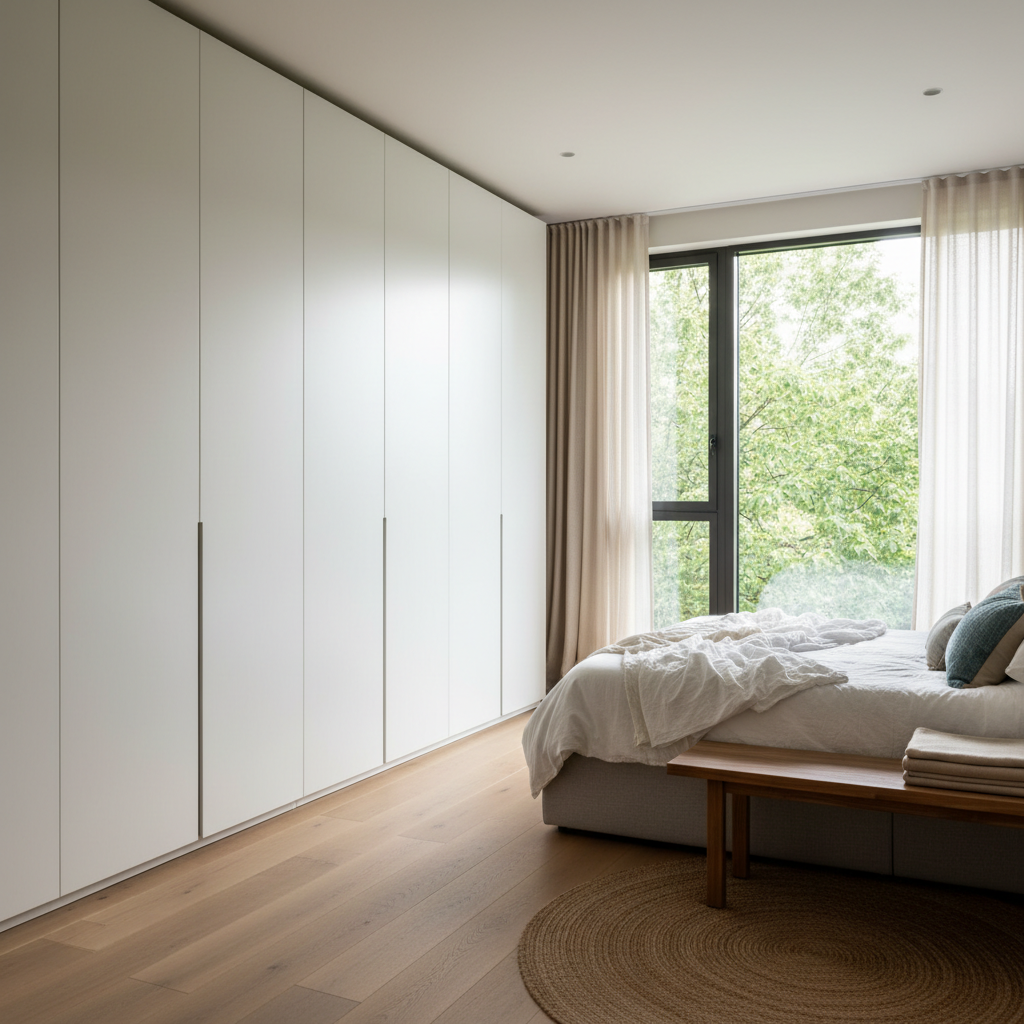 Second bedroom with built-in wardrobe and wooden floors
