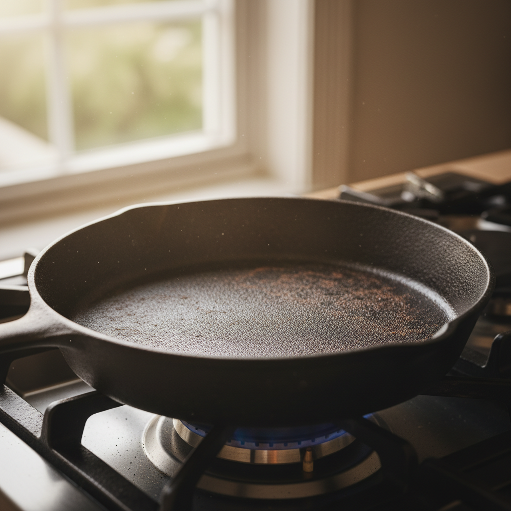 Single cast iron pan on a gas burner with soft morning light coming through a kitchen window