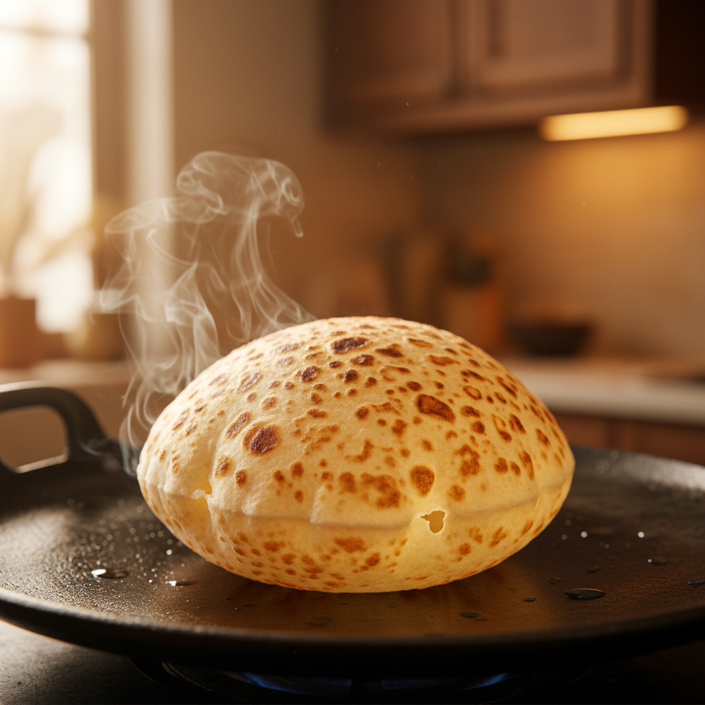 Tawa roti mid-puff on iron griddle, steam escaping from the pocket, golden-brown leopard spots, shallow depth of field dissolving into warm amber kitchen blur