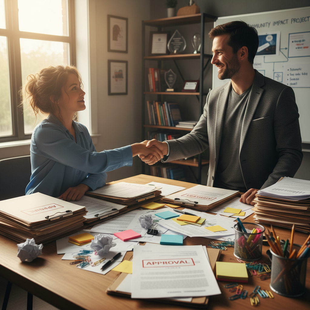 Business owner and accountant shaking hands over payroll paperwork at a professional desk