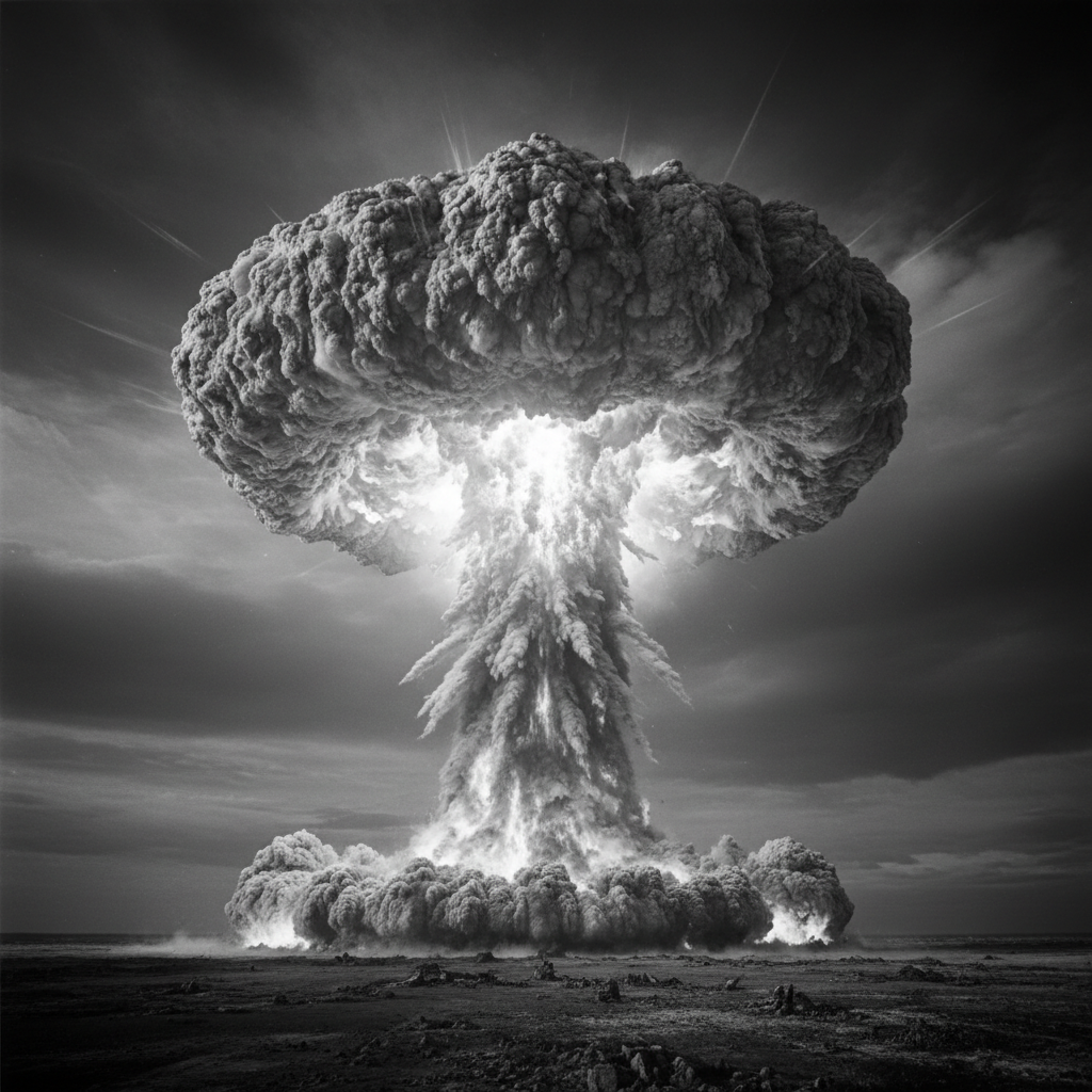 Nuclear explosion mushroom cloud in black and white dramatic photography