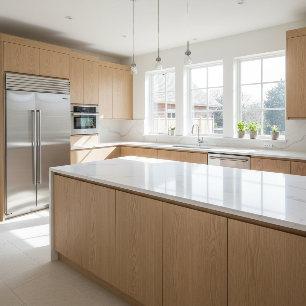 Renovated kitchen with white oak cabinetry, quartz countertops and stainless appliances