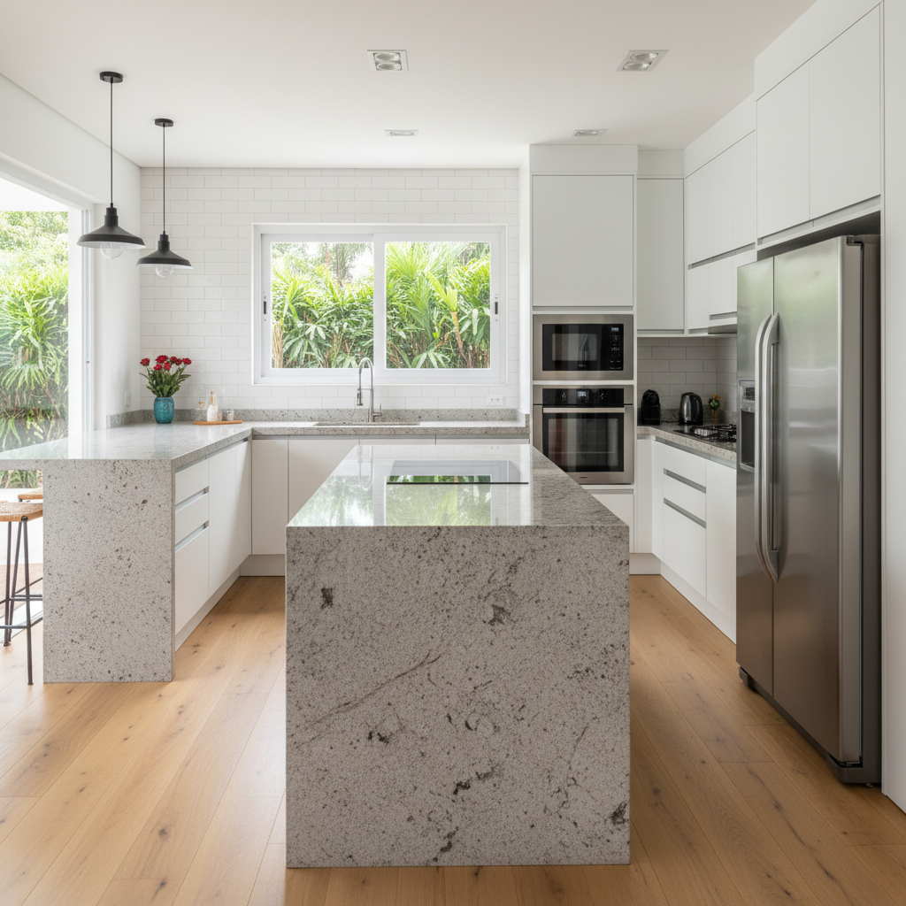 Modern white kitchen cabinets with stone countertops and integrated appliances in Scottsdale home