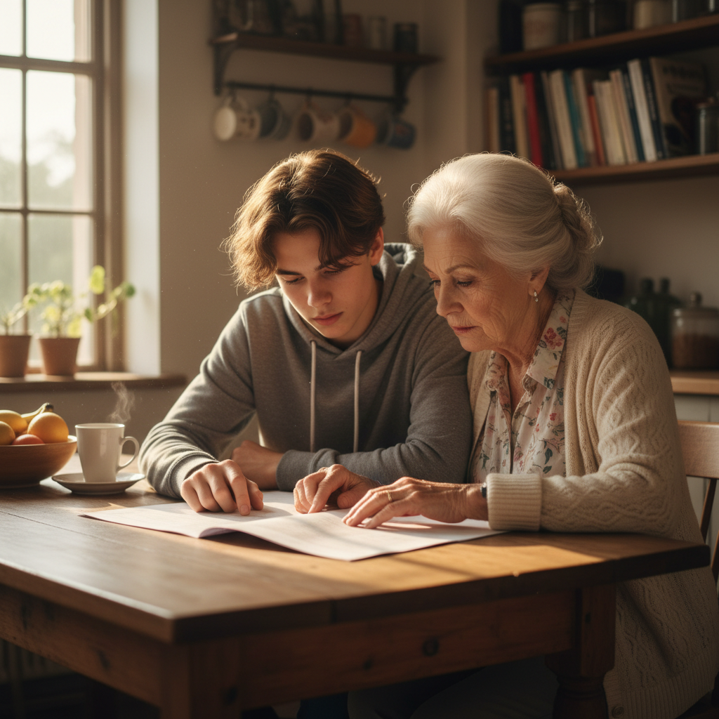 A young person leaning forward listening intently to an elderly relative across a table, warm dim light, dark atmospheric background, deeply attentive