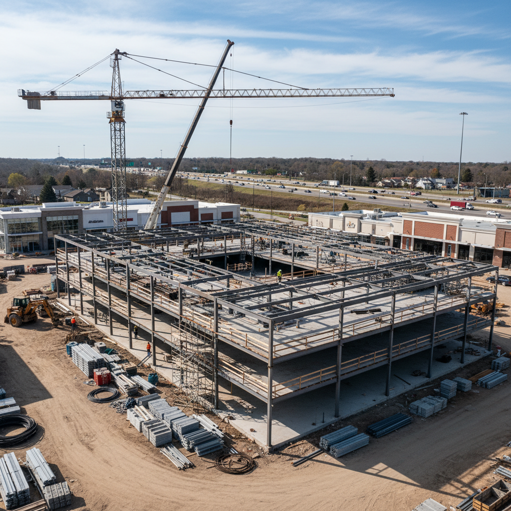 Modern strip mall retail complex under construction with steel framing visible