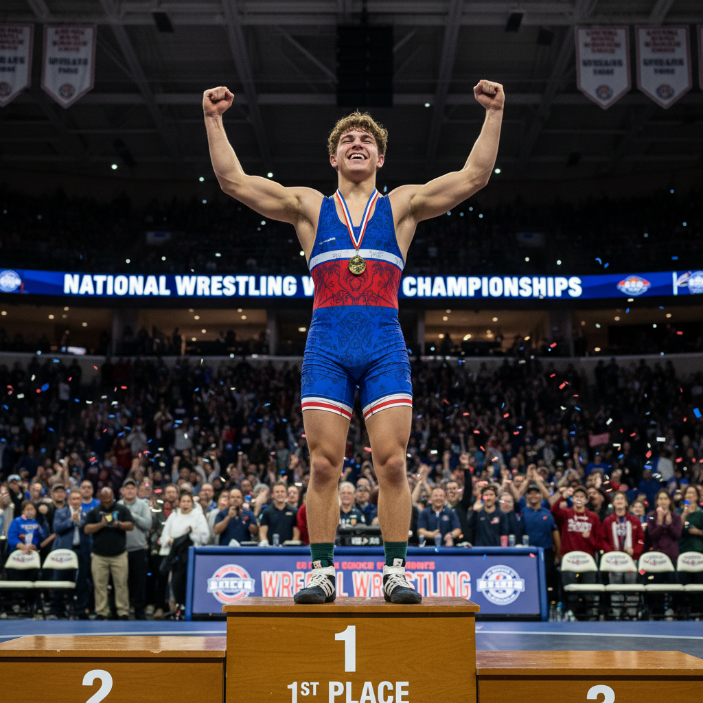 High school wrestler Marcus Webb celebrating podium finish at state tournament