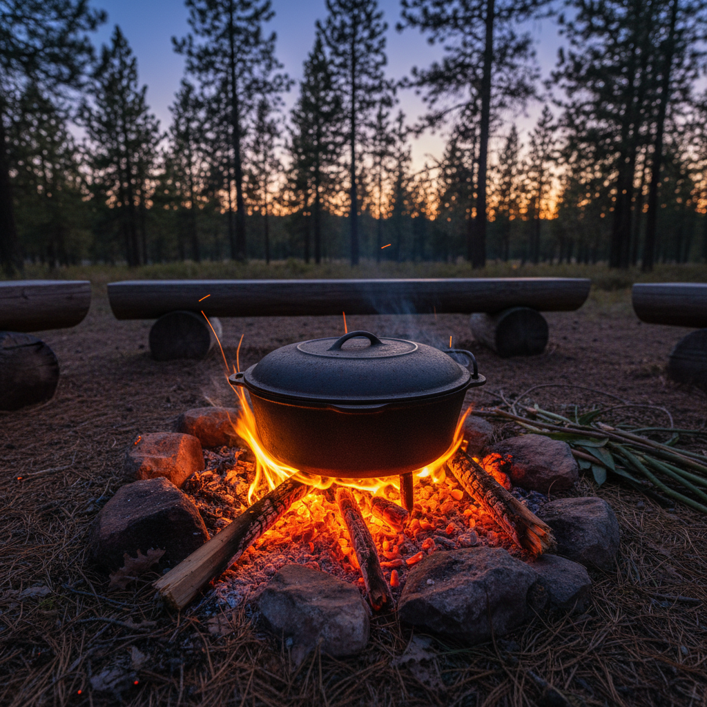 Campfire crackling at dusk in forest, orange flames, cast iron pot over fire, dramatic shadows, warm atmosphere