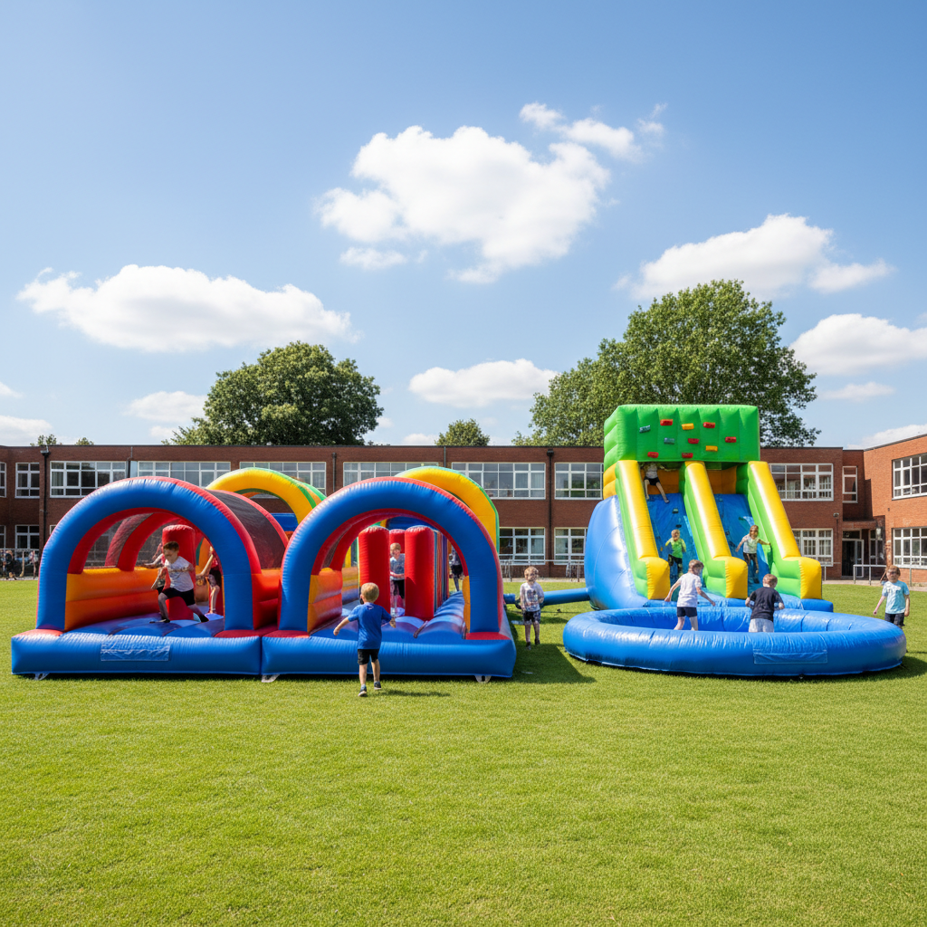 Large inflatable obstacle course with tunnels and climbing walls set up on a school field
