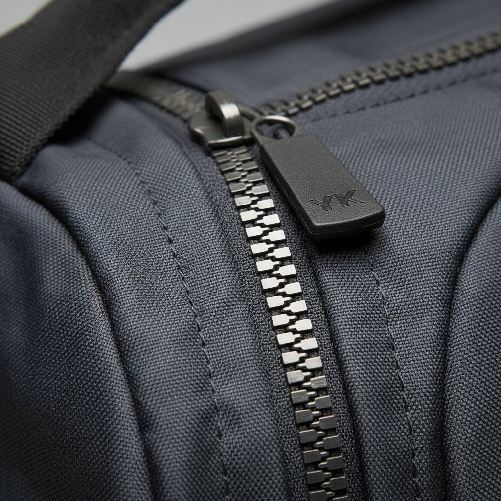 Macro close-up of YKK zipper teeth on gym bag, each tooth individually visible, metallic surface catching single light source