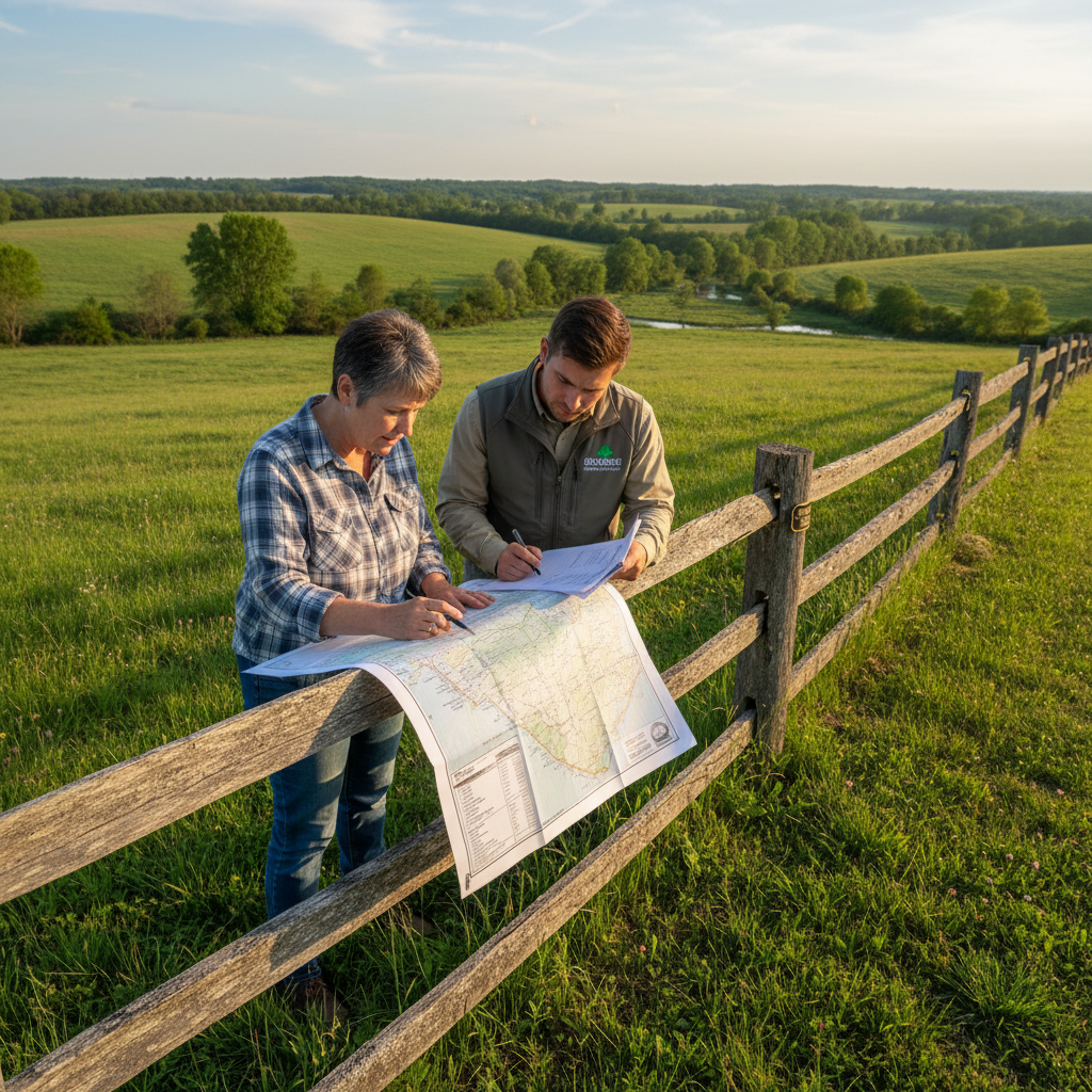 Landowner and Steward representative reviewing conservation easement documents at a fence line in rural Kentucky
