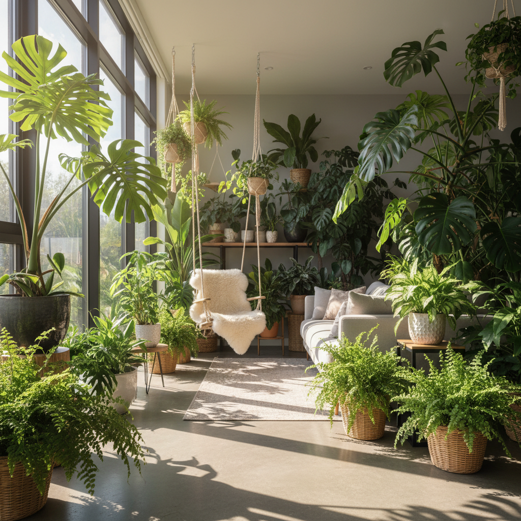 Lush collection of indoor tropical plants including monstera, calathea and ferns in bright airy living room with white walls