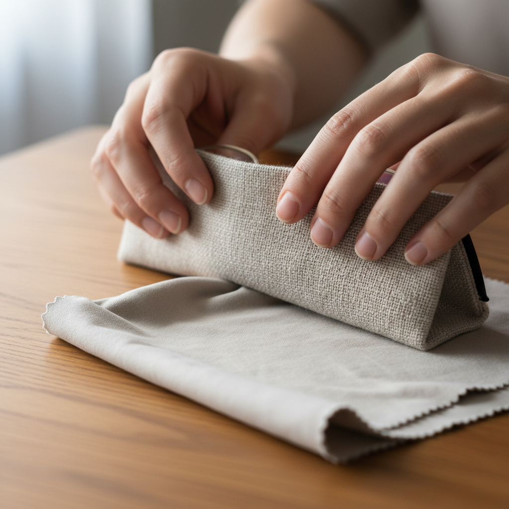 Hands unwrapping a linen eyewear case, the cleaning cloth spreading across a wooden surface