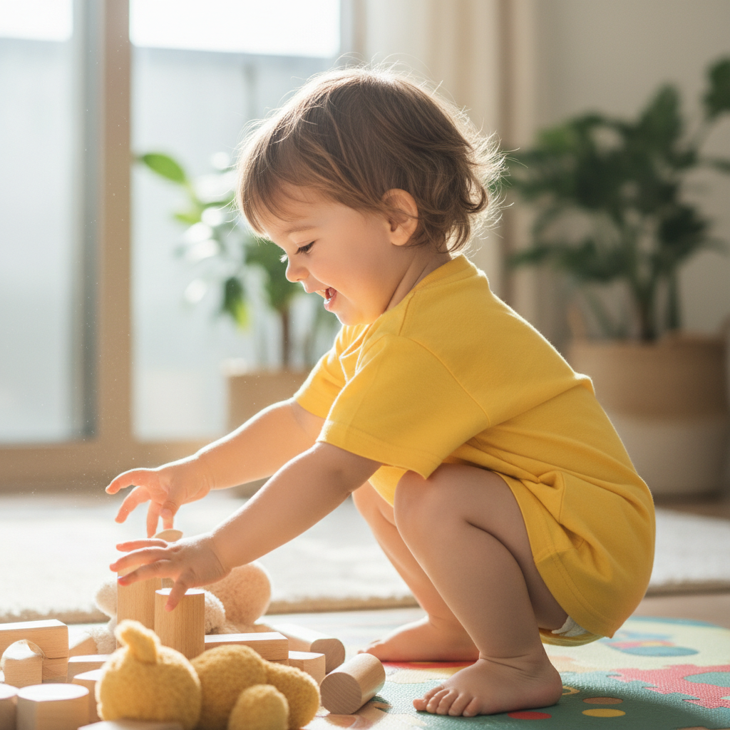 Four-year-old in yellow leotard doing a forward roll on a blue foam mat, laughing