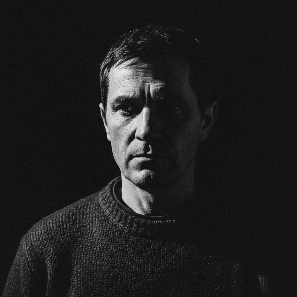 Close-up portrait with cinematic shadows, moody dark background, sharp eyes catching light, editorial style