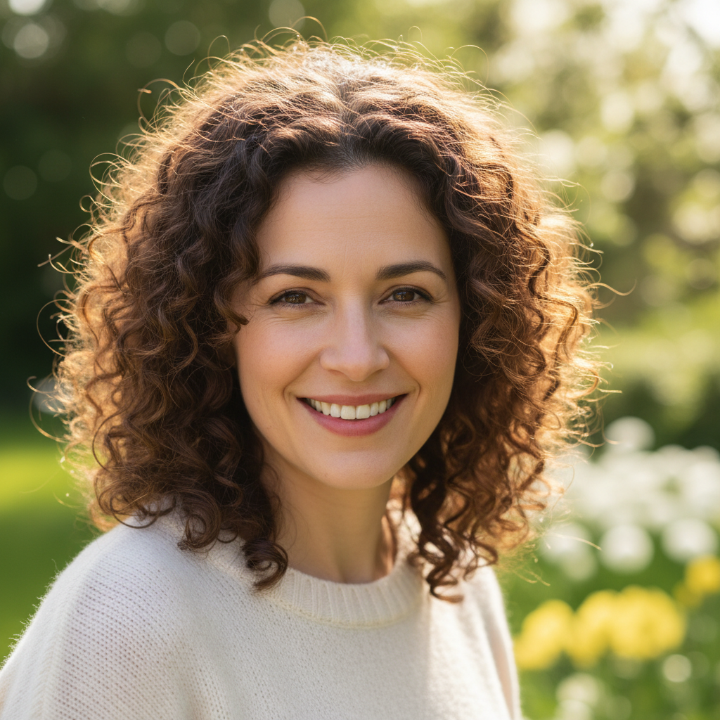 Rachel Goldfarb, mother with warm smile, brown curly hair, casual outdoor portrait