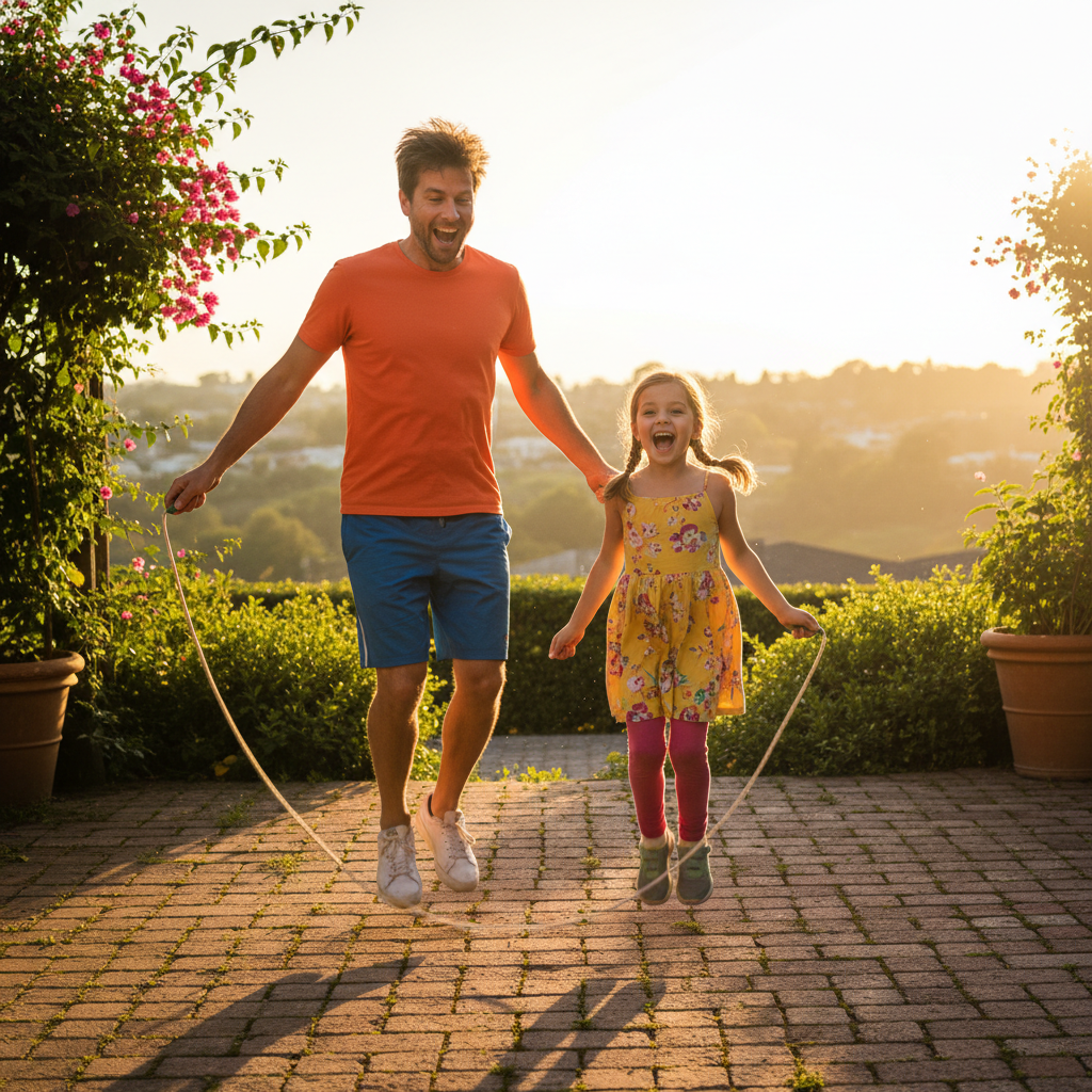 Father and child jumping rope side by side on outdoor patio at sunset