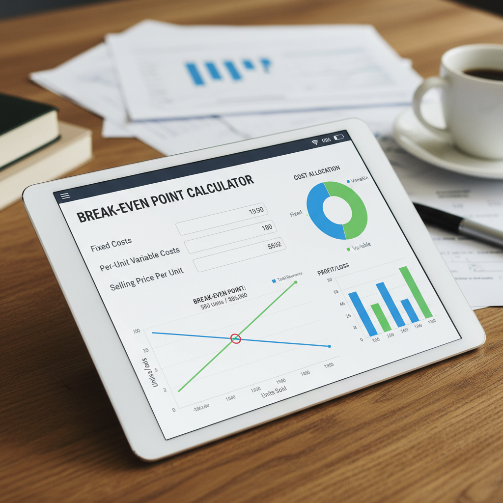 Financial charts and graphs displayed on tablet screen with calculator and business documents on desk