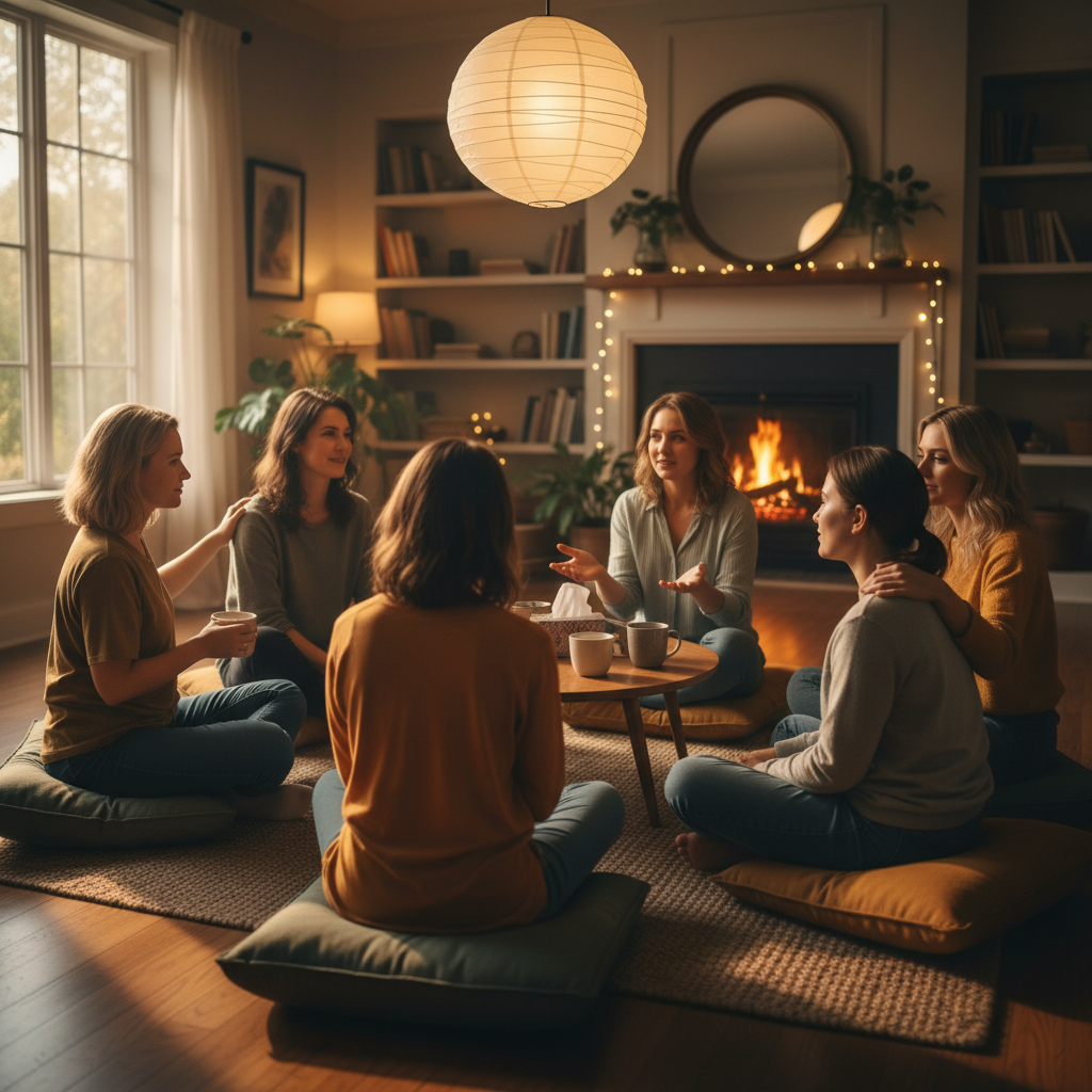 Supportive group of adults in a circle together, warm and genuine connection, indoor setting with natural light