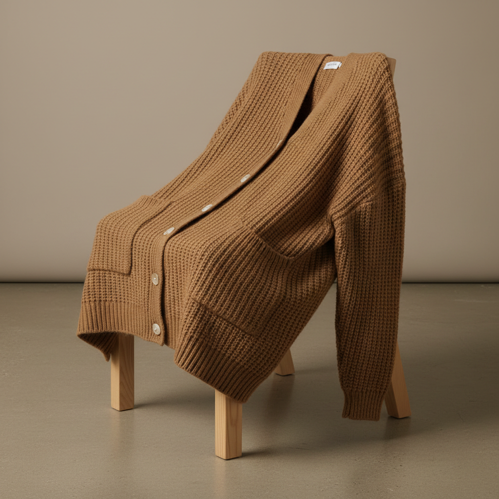 Camel merino wrap cardigan draped over a chair showing soft drape