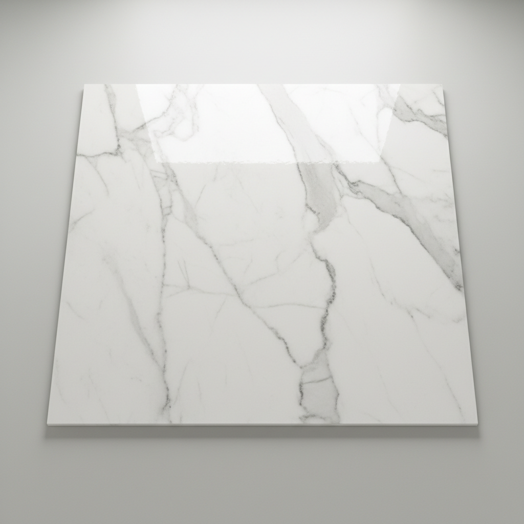 Azulejo porcelánico Bookmatch 600x1200mm con veteado simétrico tipo libro, acabado pulido espejo, tonos mármol blanco y gris